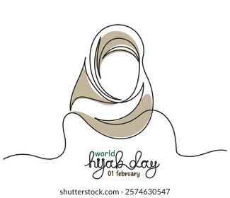 World Hijab Day February 1, single line art Muslim girl. continuous line drawing of a hijab girl woman's head cover vector illustration. concept of world hijab day celebrated every year.