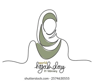 World Hijab Day February 1, single line art Muslim girl. continuous line drawing of a hijab girl woman's head cover vector illustration. concept of world hijab day celebrated every year.