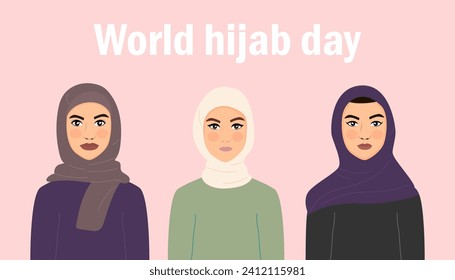 WeltHijab-Tag. Flaches Design, Plakat. Flyer, Plakatdesign. Mädchen in Hijab. Für Ihr Design.