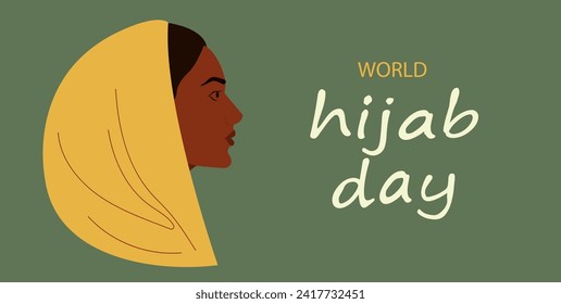 World hijab day, held on 1 February. A Muslim woman in a hijab.Vector illustration of a girl in a headscarf. Happy World Women's Day in Hijab.