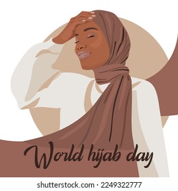 World Hijab Day. A Muslim woman in a hijab. Arab woman. 1 February. Happy World Women's Day in Hijab. Vector illustration of a girl in a headscarf. The banner