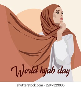 World Hijab Day. A Muslim woman in a hijab. Arab woman. 1 February. Happy World Women's Day in Hijab. Vector illustration of a girl in a headscarf. The banner