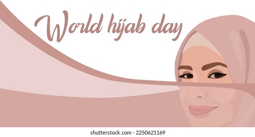 World Hijab Day. A Muslim woman in a hijab. Arab woman. 1 February. Happy World Women's Day in Hijab. Vector illustration of a girl in a headscarf. The banner