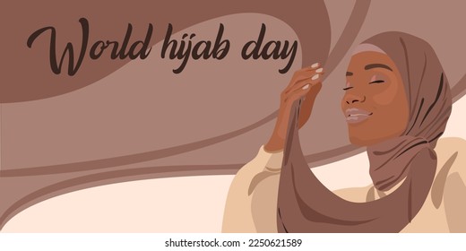 World Hijab Day. A Muslim woman in a hijab. Arab woman. 1 February. Happy World Women's Day in Hijab. Vector illustration of a girl in a headscarf. The banner