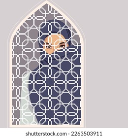 World Hijab Day. A Muslim woman in a hijab. A Muslim woman looks through a textured window. Hijab Day. Islamic window with oriental texture. Vector illustration of a girl in a headscarf. Banner