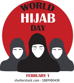 World Hijab day on february 1 international day celebration and greeting design. Hijab muslim women headcover  Meaning is euphemistic. Logo, concept, sticker, card. Muslim dress. Emirati woman. Vector