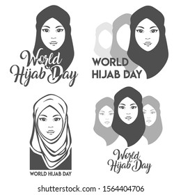 World hijab day sign collection. Hijab logo with the muslim young woman face. Vector hijab illustration set.