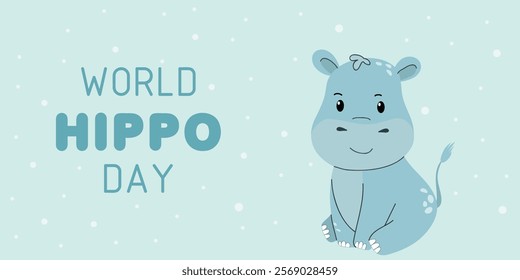 World Hippo Day banner. Hand drawn flat cartoon hippopotamus. Holiday vector illustration