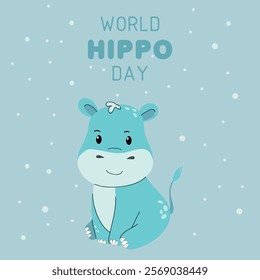 World Hippo Day. Hand drawn flat cartoon hippopotamus. Holiday vector illustration