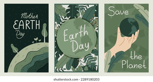 World Holiday Mother Earth Day. Three cartoon green vector banners or postcards. Save the Planet Concept, flat illustration of globe and green plants.