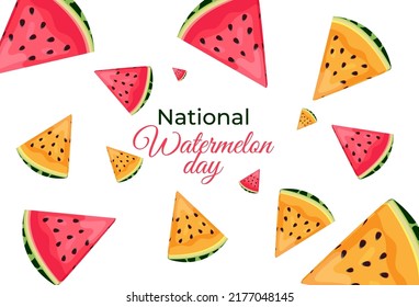 world holiday watermelon day. national watermelon day. watermelon day. slices of yellow and red watermelon with seeds on a pink background