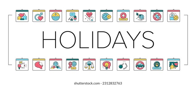 World Holidays Event Collection Icons Set Vector. Global Family And Women Day, Tolerance And Democracy, Red Cross And Water Holidays Concept Linear Pictograms. Color Contour Illustrations