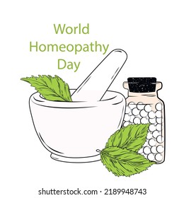 World Homeopathy Day. April 11. Vector stock illustration. isolated on a white background. Herbs in a mortar. Mint leaves. Aromatherapy. Natural cosmetics.