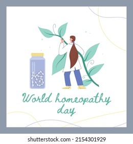 World Homeopathy Day Banner Or Poster Layout, Flat Cartoon Vector Illustration. Banner For Natural Homeopathic Treatment And Herbal Alternative Medicine.