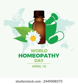 World Homeopathy Day poster vector illustration. Brown glass vial, plants, laboratory mortar and pestle icon vector. Alternative medicine symbol. April 10 every year. Important day