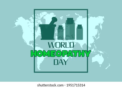 World Homeopathy day vector background design. Global map background and with homeopathy liquid bottle.