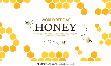 World Honey Bee Day. Bees fly near honeycomb borders background. Traditional international holiday or festival. Greeting postcard design. Cartoon flat vector illustration