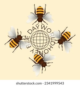 World honey bee day design template suitable for celebration. Honey bee vector design. Bee illustration. Flat design. Honeycomb icon. Globe icon.