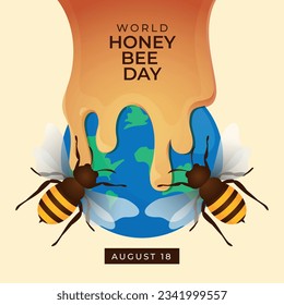 World honey bee day design template suitable for celebration. Honey bee vector design. Bee illustration. Flat design. Honeycomb icon. Globe icon.