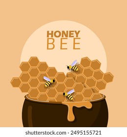 
World Honey Bee Day event food banner. Illustration of a beehive with honey in a jar with several bees flying on a light brown background to celebrate on August