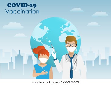 The World hope for COVID-19 coronavirus vaccine. Male doctor holding syringe filled with COVID-19 vaccine, injecting to little kid girl. Vaccination, healthcare and medical concept.