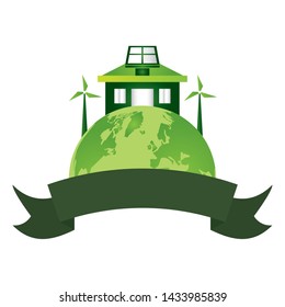 world house solar panel windmill emblem eco friendly environment vector illustration