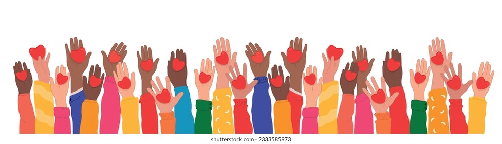 World Humanitarian Day -19 August - horizontal banner. Hands raised up hold hearts, share compassion and hope with those in need.