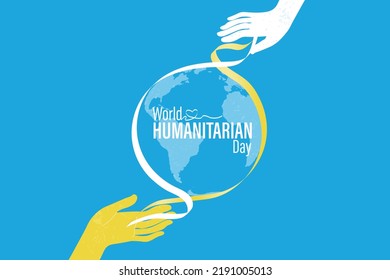 
World Humanitarian Day Artwork on blue background. White and yellow ribbons intertwining to form the earth and reaching to two hands. Editable Vector Illustration. EPS 10.