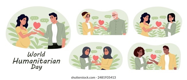 World Humanitarian Day - August 19 - horizontal banner. Volunteers hold hearts, share compassion and hope with those in need.