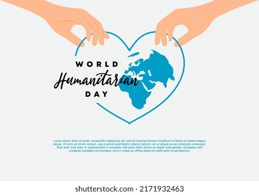 World humanitarian day background with hand hold blue world map in love heart symbol and handwritten text isolated on white grey background.