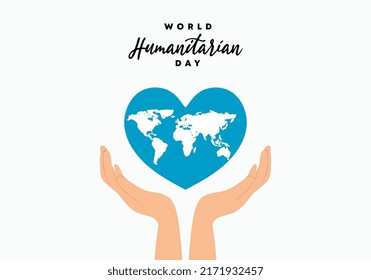 World humanitarian day background with handwritten text, world map in blue love heart symbol and opened han isolated on white background.