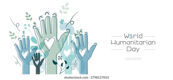 World Humanitarian Day banner. Raised hands with floral elements.