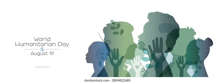 World Humanitarian Day banner. Silhouettes of different people with floral elements.	