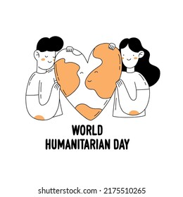 Concepto del Día Mundial de la Asistencia Humanitaria, esbozar ilustraciones vectoriales en forma de doodle aisladas en fondo blanco. Personajes lindos abrazando la Tierra.