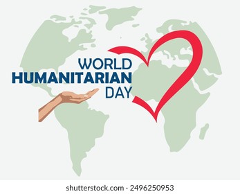 Día Mundial de la Asistencia Humanitaria. Concepto creativo del Día Humanitario con íconos de corazón y manos, para carteles, Anuncios, redes sociales y más. Mapa del mundo en segundo plano. Ilustración vectorial. Archivo editable EPS.