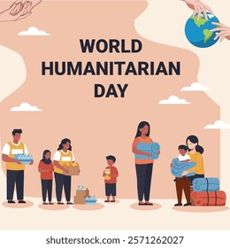 A World Humanitarian Day design featuring a diverse group of people, including families and volunteers, highlighting unity, compassion, and humanitarian values.
