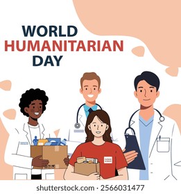  A World Humanitarian Day design showcasing diverse professionals, including healthcare workers and volunteers, emphasizing compassion and dedication to helping others