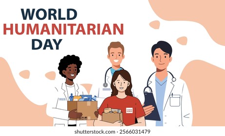  A World Humanitarian Day design showcasing diverse professionals, including healthcare workers and volunteers, emphasizing compassion and dedication to helping others