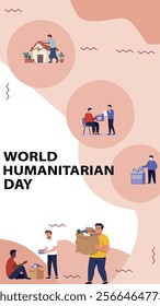 A World Humanitarian Day design showcasing diverse individuals, including volunteers and healthcare workers, with a message of compassion and service to humanity