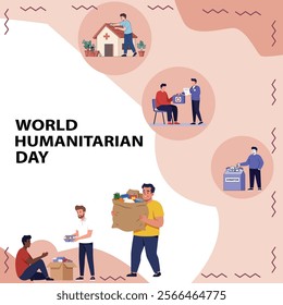 A World Humanitarian Day design showcasing diverse individuals, including volunteers and healthcare workers, with a message of compassion and service to humanity
