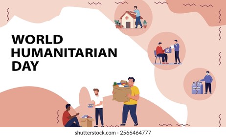 A World Humanitarian Day design showcasing diverse individuals, including volunteers and healthcare workers, with a message of compassion and service to humanity