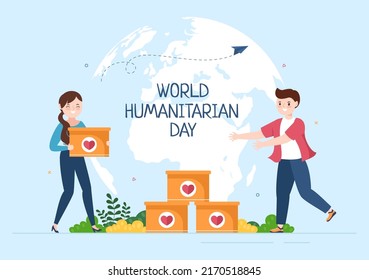 Día Mundial de la Asistencia Humanitaria con la celebración global de ayudar a la gente, trabajar juntos, caridad, donaciones y voluntarios en ilustración de caricatura plana