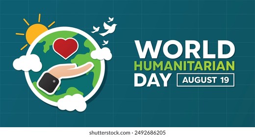 Día Mundial Humanitario. Corazón, mano, pájaro, sol, nube y tierra. Ideal para tarjetas, Anuncios, afiches, redes sociales y más. Fondo verde oscuro.