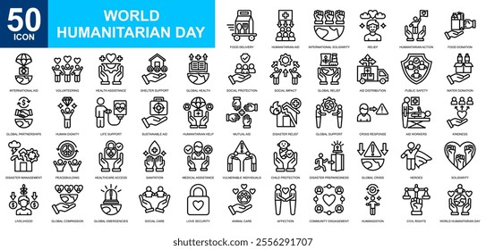 World Humanitarian Day icon collection set. World Refugee Day, mutual aid, humanitarian help, Charity, support icon. Simple line vector.