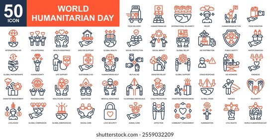 World Humanitarian Day icon collection set. World Refugee Day, mutual aid, humanitarian help, Charity, support icon. Simple line color vector.
