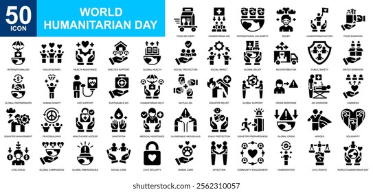 World Humanitarian Day icon collection set. World Refugee Day, mutual aid, humanitarian help, Charity, support icon. Simple glyph vector.