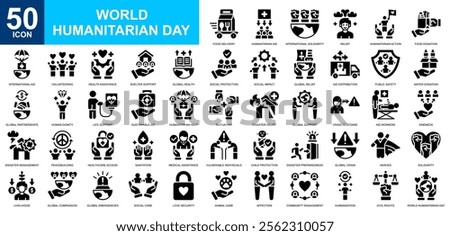 World Humanitarian Day icon collection set. World Refugee Day, mutual aid, humanitarian help, Charity, support icon. Simple glyph vector.