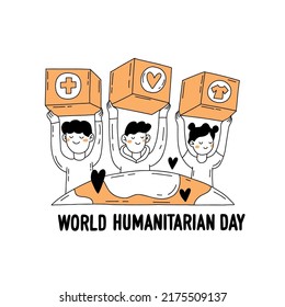 World humanitarian day outline hand drawn vector illustration in doodle style isolated on white with people  and humanitarian help