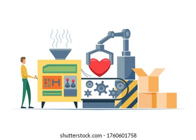 world Humanitarian Day poster, preparation for Valentine's Day, philanthropy, big heart, love Machine symbol. The factory conveyor on packing heart. Conveyor Automatic Production Line and a man.