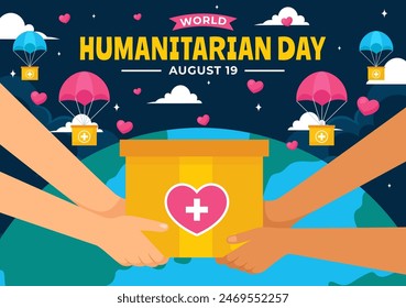 World Humanitarian Day Vector Illustration featuring a Global Celebration of Helping People, Charity, Donations, and Volunteering on a Flat Background